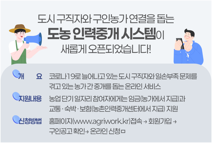 도시 구직자와 구인농가 연결을 돕는 도농인력중개시스템이 새롭게 오픈되었습니다. (새 탭에서 열림)